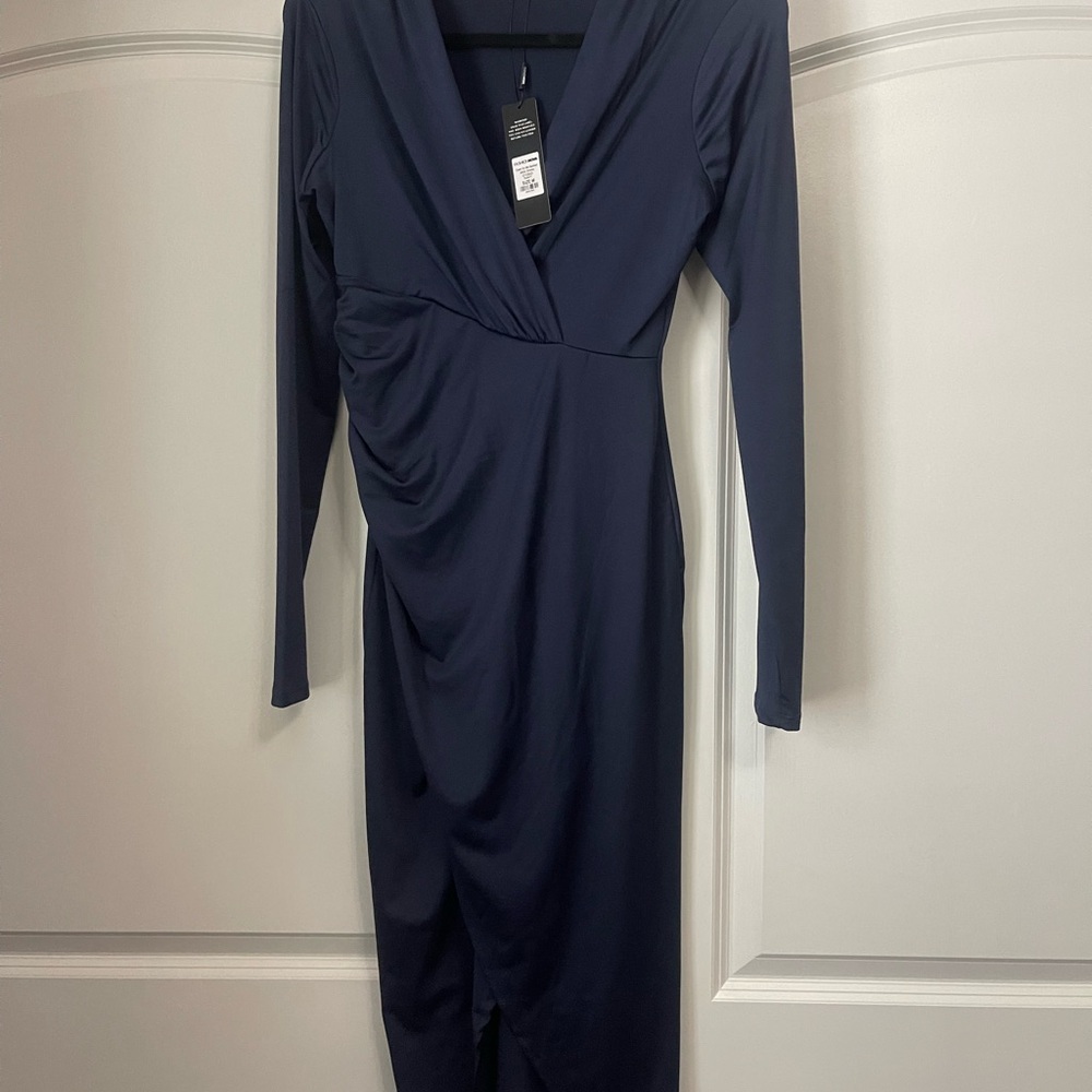 Fashion Nova Midnight Navy Long Sleeve Wrap-Style Midi Dress